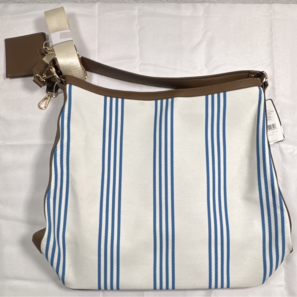 Laundry by Shelli Segal Striped Shoulder Bag Zip w/ Pockets Gold Hardware